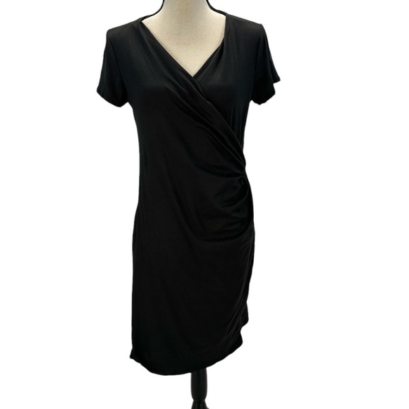 24Seven Short Sleeve V-Neck Faux Wrap Midi Dress - Black - size Large - Picture 1 of 9